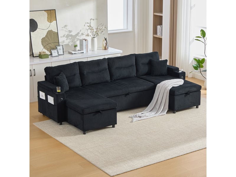 Canapé panoramique convertible en lit 272 cm, 4 places avec double méridienne, rangements, porte-gobelets, usbtype-c, velours côtelé, noir - Conforama B