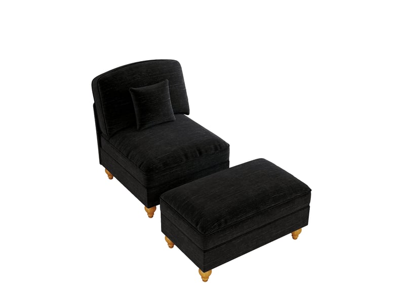 Fauteuil avec pouf en tissu chenille avec jupe amovible et dossier rembourré, noir  - Conforama A