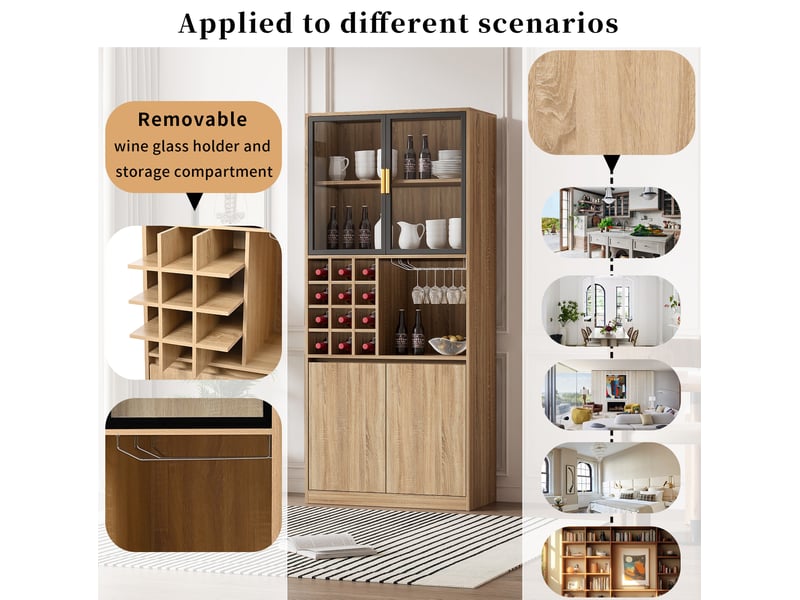  Vitrine avec portes vitrées, éclairage led et porte-verres amovible pour salon, en mdf naturel, 80 × 40 × 180 cm  - Conforama E