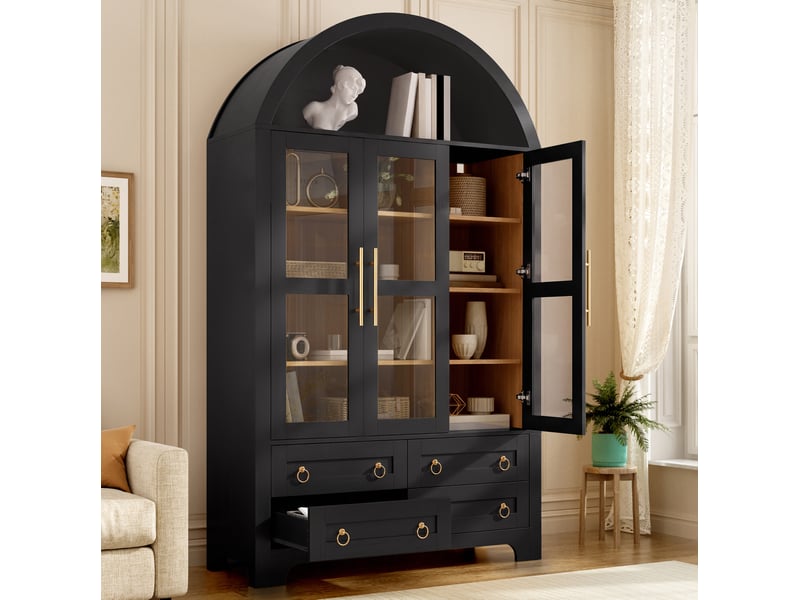 Buffet haut 110x40x185 cm, 3 portes vitrées, 4 tiroirs, niche arche, poignées aluminium, mdf et panneaux de particules noir - Conforama B
