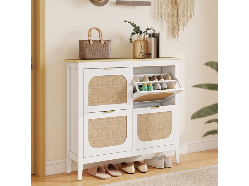  Meuble à chaussures étroit avec 4 portes en rotin, étagères réglables pour 20 paires de chaussures, 105 x 24 x 95,5 cm, blanc  - Conforama B