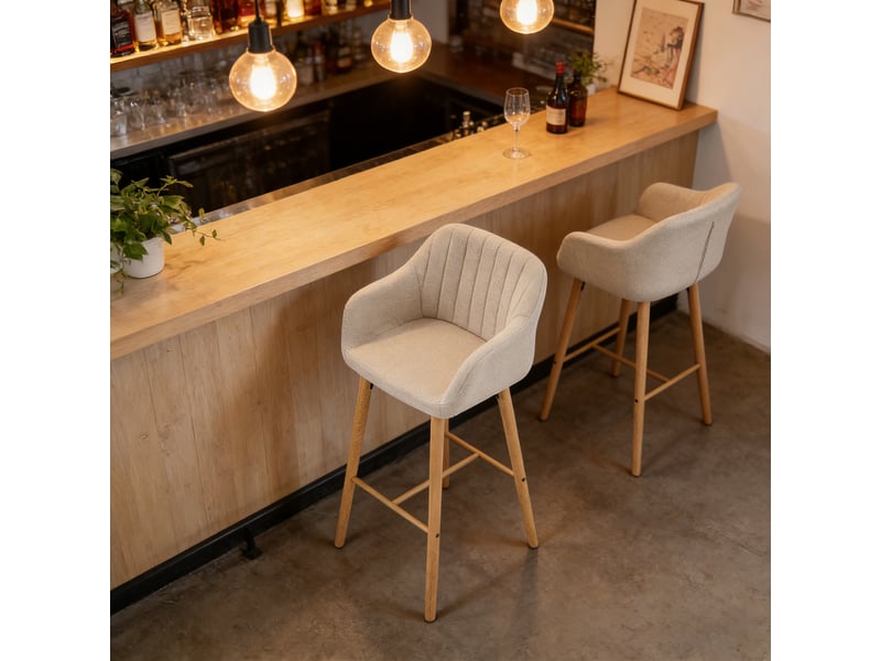  Lot de 4 chaises de bar, siège 75 cm de haut, avec accoudoirs et repose-pieds, pieds en bois massif, beige  - Conforama R