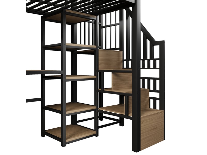  Lit mezzanine 90 x 200 cm rangements bureau intégré bande led prises échelle cadre métallique noir sans matelas  - Conforama E
