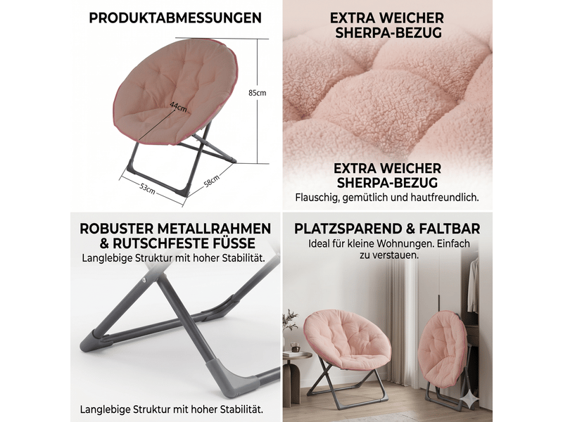  Fauteuil lune pliant,80x80x37 cm,structure métallique,tissu,rose  - Conforama E