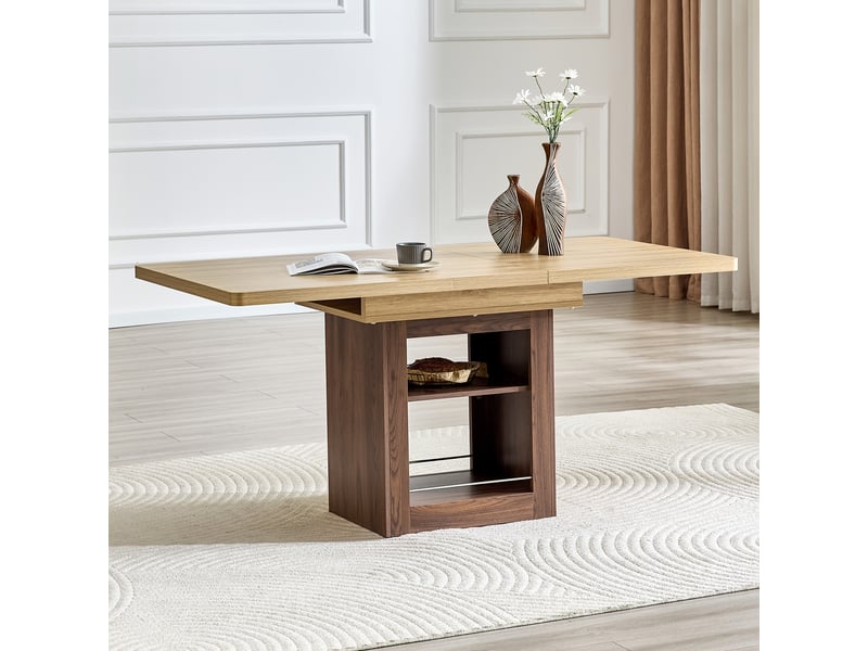  Table à manger extensible 130160x80 cm, 4-8 personnes, mdf effet bois, 2 niches de rangement, coins arrondis, petit espace, noyer  - Conforama B
