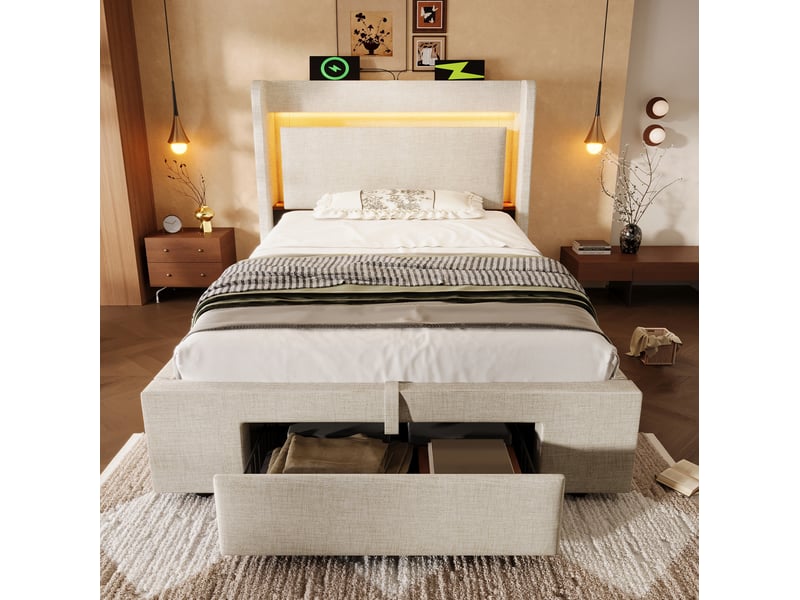  Lit coffre 90 x 200 cm beige en lin avec matelas, led, usb et usb-c  - Conforama C
