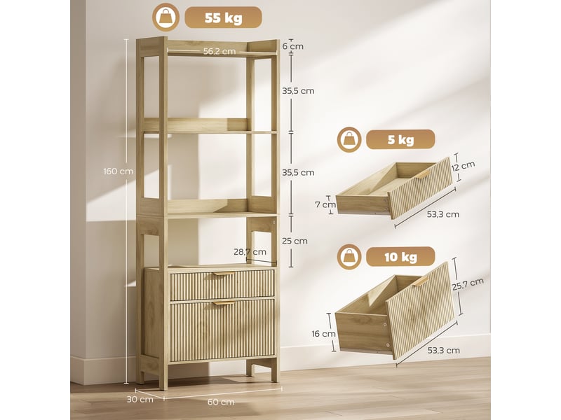 Bibliothèque haute, meuble de rangement avec 4 étagères ouvertes et 2 tiroirs cannelés, 60 x 30 x 160 cm, bois naturel - Conforama E