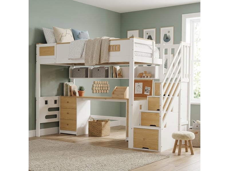  Lit mezzanine 90x200 cm blanc bois naturel, avec bureau, tiroirs, escalier de rangement et étagère murale, sans matelas  - Conforama C