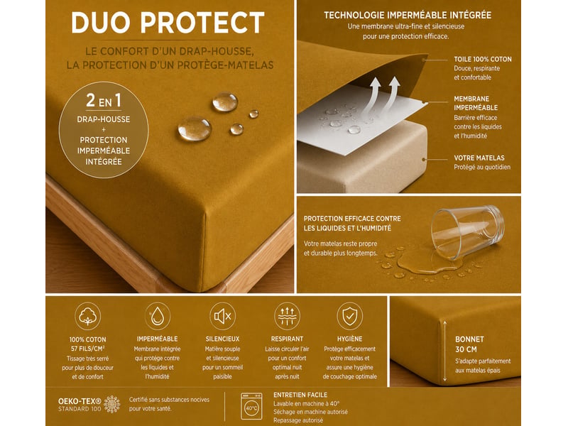  Drap housse 2 en 1 imperméable 90 x 190 cm coton 57 fils duo protect caramel CP-DHDUOPROTECT90-CARAMEL - Conforama E