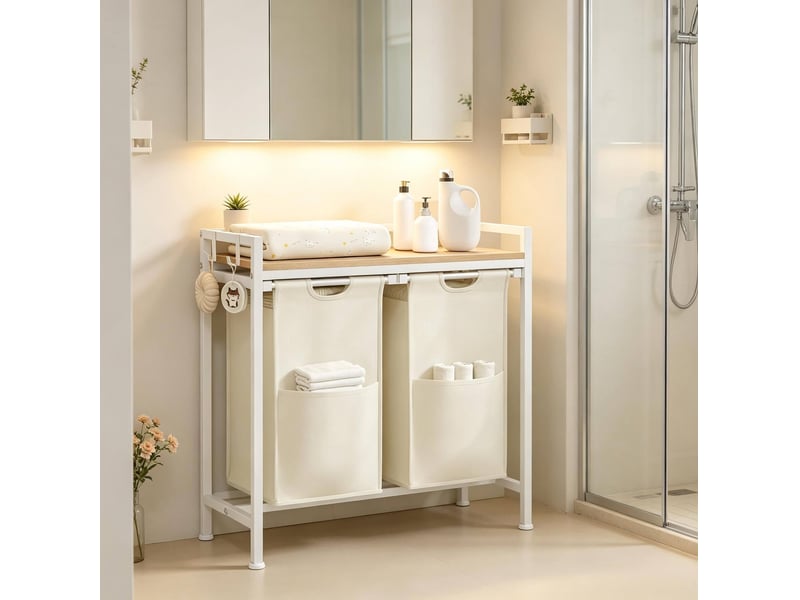  Trieur de linge à 2 compartiments avec tablette, chêne clair et blanc, 70 x 30 x 71 cm  - Conforama C