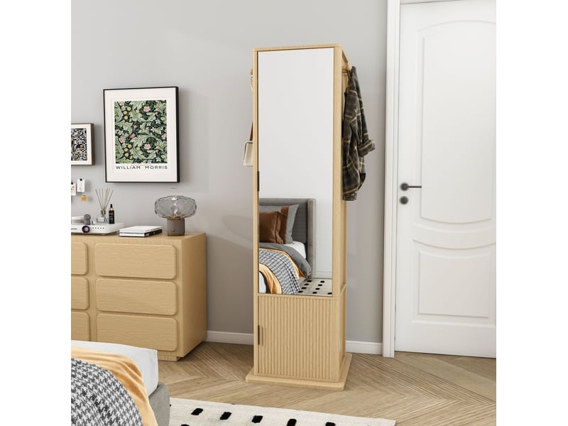  Armoire à bijoux pivotante à 360 degrés avec miroir sur pied, étagères, 6 crochets, décor bois naturel  - Conforama B