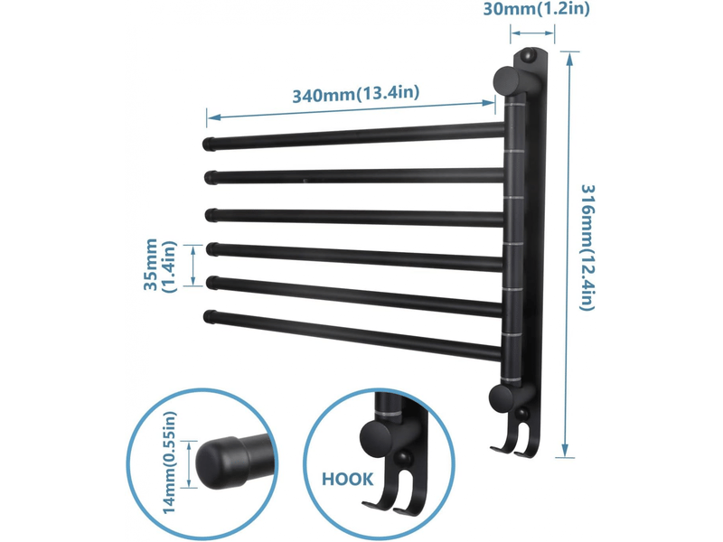  Porte-serviettes mural rotatif à 180° en acier inoxydable, double tige rotative, six tiges, noir FC-LJY-00997JY - Conforama B