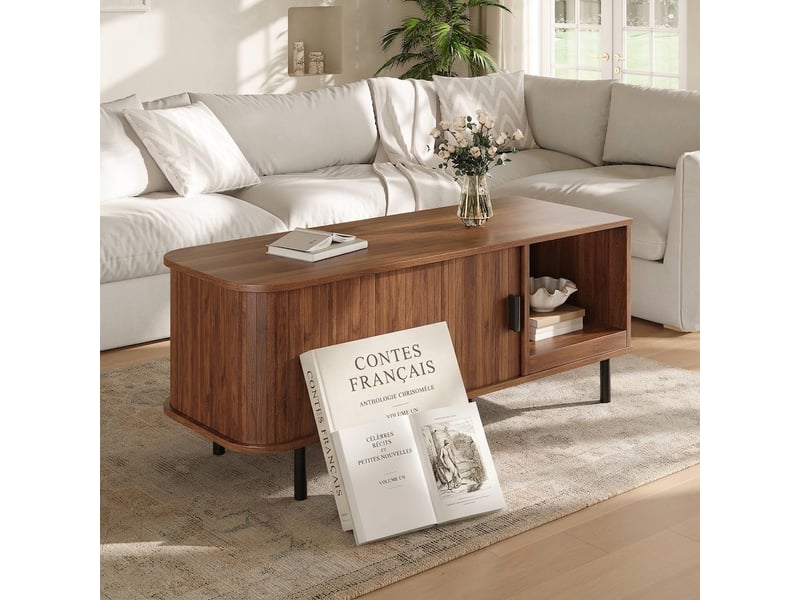 Table basse noyer 110cm avec porte coulissante et rangement ouvert, design à lattes - Conforama E