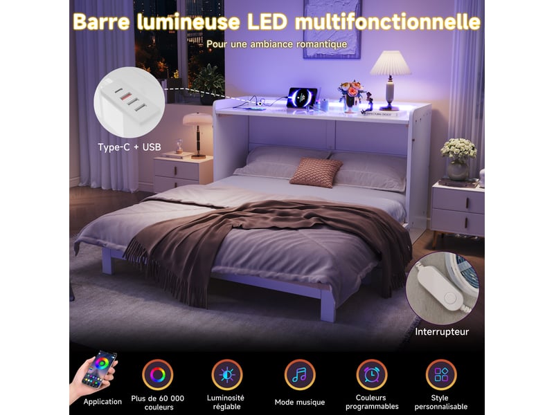 Lit escamotable blanc 140x200 cm, tiroirs, led, usb, prise et panneau brillant - Conforama B