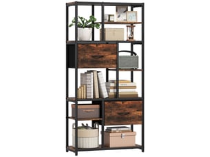 Étagère de rangement, 2 tiroirs en tissu, 9 compartiments ouverts, étagère autoportante avec structure en acier, marron et noir