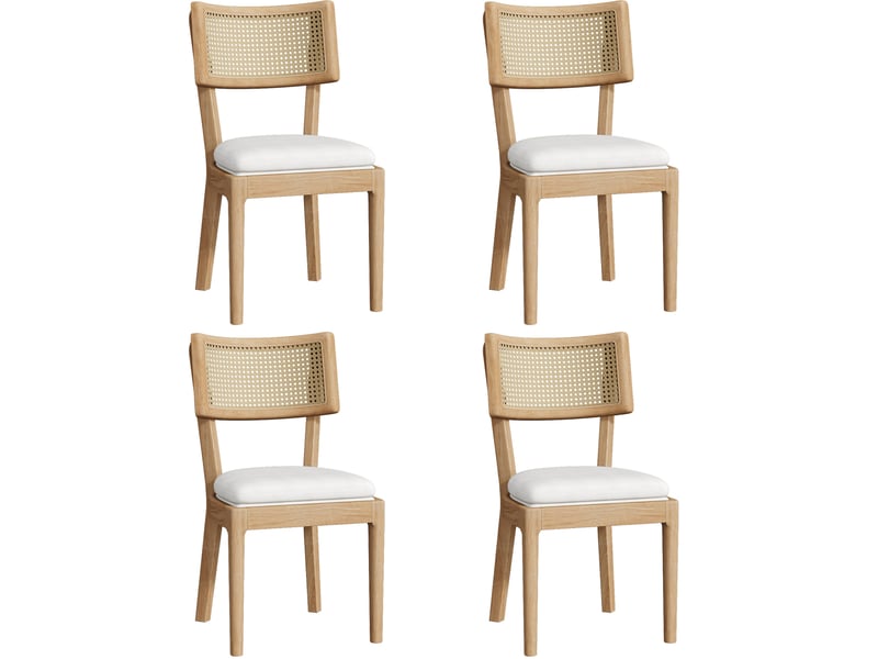  Lot de 4 chaises repas 58x50x88 cm avec dossier rotin assise lin mousse densité élevée bois moderne bois naturel  - Conforama A
