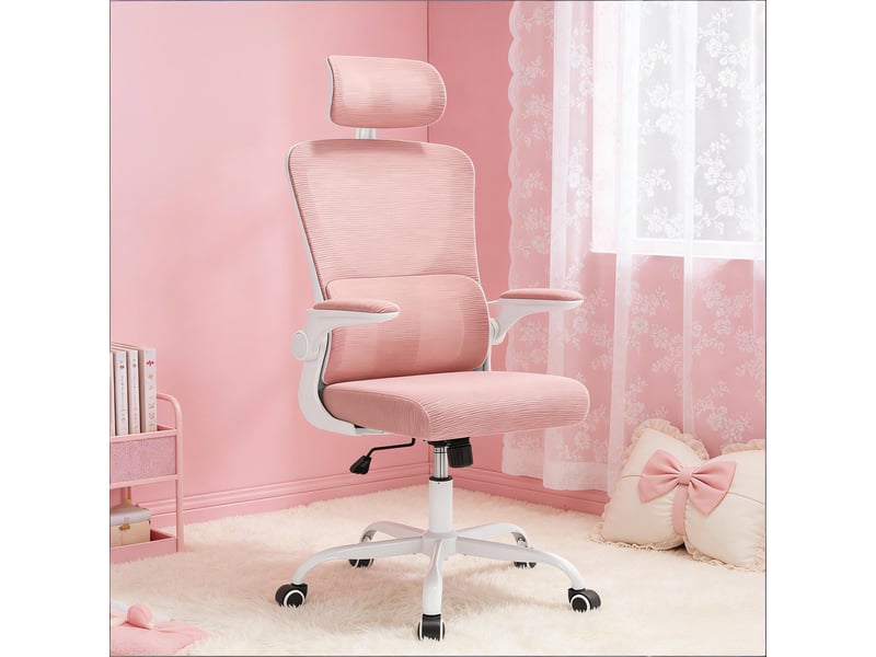  Chaise de bureau ergonomique inclinable - lpospi - accoudoirs rabattables, maille rose, 62 × 69,5 × 116–123,5 cm  - Conforama B