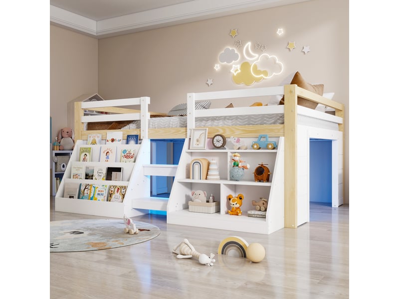 Lit enfant 140 x 200 cm – avec étagères de rangement – avec barrières de sécurité – avec échelle – avec éclairage led – blanc + naturel (matelas non inclus) - Conforama D
