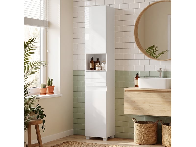 Colonne salle de bain design blanc laqué 2 portes 2 étagères tiroir niche - Conforama E