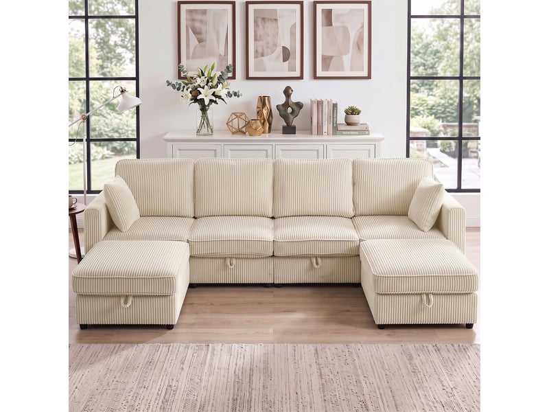  Canapé 4 places avec 2 poufs de rangement, canapé d'angle modulable en u 306 cm en velours côtelé, 4 coussins, crème  - Conforama A