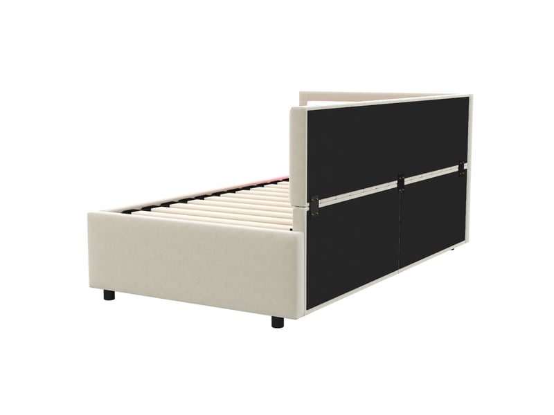  Lit banquette 90x200 cm en velours beige, led, coffre hydraulique et dossier latéral modulable  - Conforama D