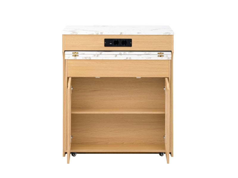 Îlot de cuisine avec table extensible et multiprise – verre strié, bahut à 2 tiroirs – îlotbarmeuble naturel - Conforama E