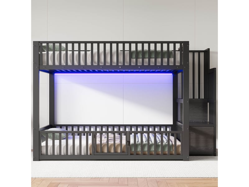 Lit superposé enfant 140x200 cm avec échelle de rangement, led, barrières de sécurité, gain de place, cadre métallique et mdf, noir Radiant Stride - Conforama D