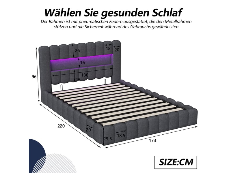  Lit coffre capitonné 160x200 cm, lit 2 places avec sommier, led et usb, rangement et tête de lit, lit adulte en lin, gris  - Conforama C