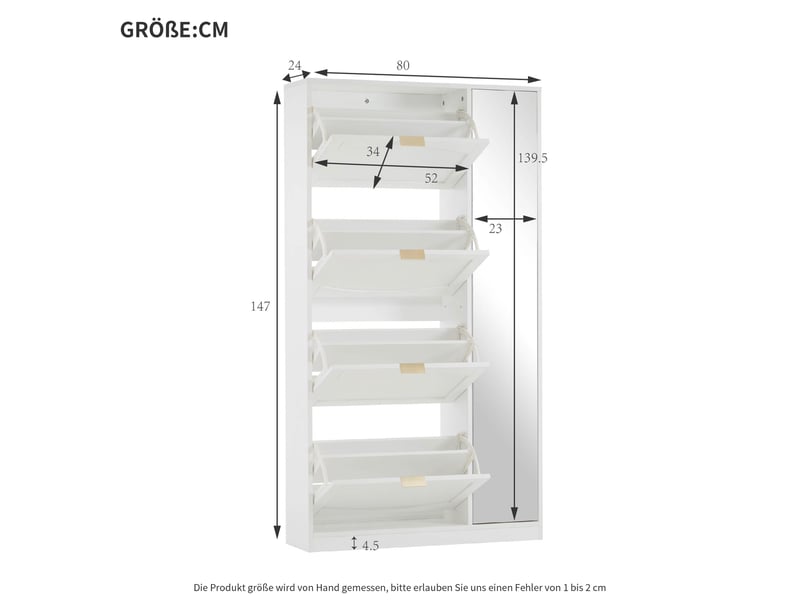  Meuble à chaussures 80x24x147 cm avec miroir, 4 abattants et étagères réglables, rangement gain de place - Blanc Fay Lum - Conforama C