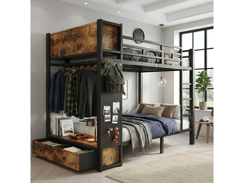  Lit superposé en métal 120x200 cm avec rangement, tringle, tiroir, panneau perforé, étagères ouvertes, noir Radiant Stride - Conforama D