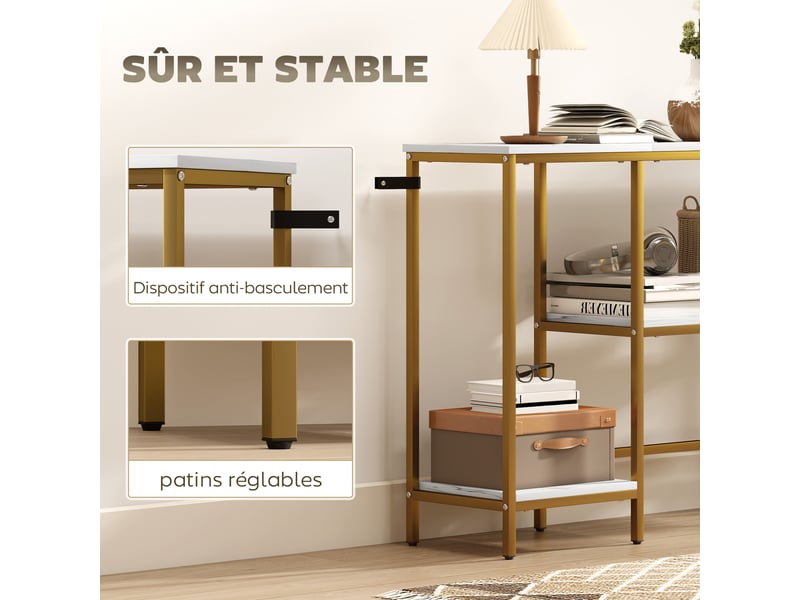  Console meuble 120 cm, table console 3 niveaux avec étagères de rangement, blanc et doré, plateaux imitation marbre  - Conforama R