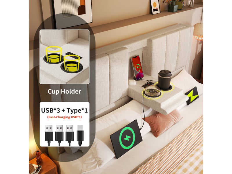  Lit coffre rembourré 140x190 cm avec ouverture hydraulique, tête de lit multifonction équipée de ports usb, usb-c et porte-gobelets intégrés. Un lit pratique avec grand espace de rangement sous le sommier.  - Conforama D