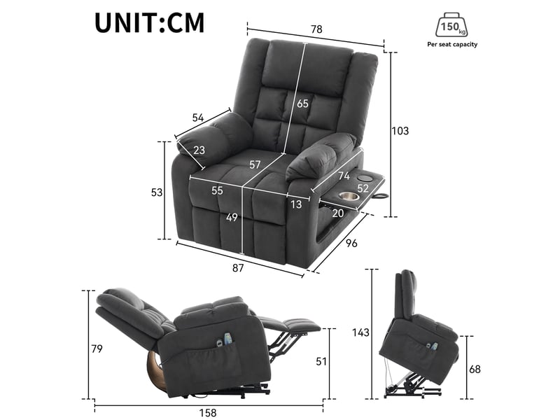  Fauteuil releveur électrique massant, fauteuil relax inclinable avec repose-pieds, fonction chaleur et vibration, ports usb, porte-gobelet, tissu gris  - Conforama C