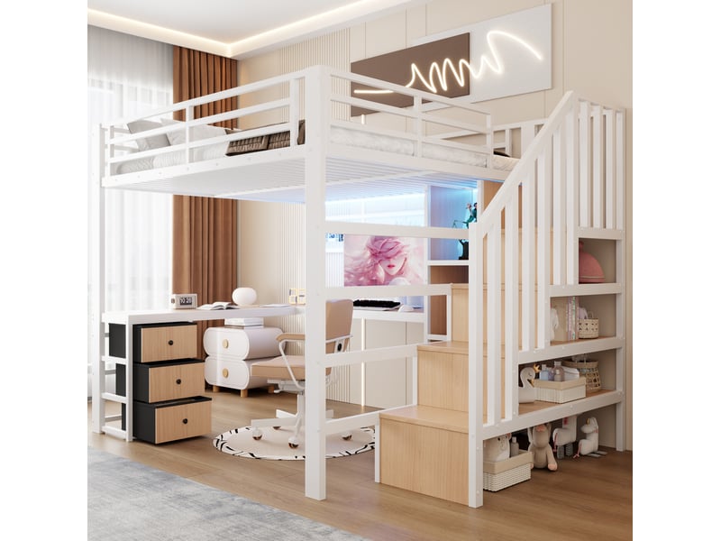  Lit mezzanine enfant 140x200cm, tiroirs, bureau, éclairage led pilotable par application, rangement, coloris blanc, métal, sans matelas  - Conforama E