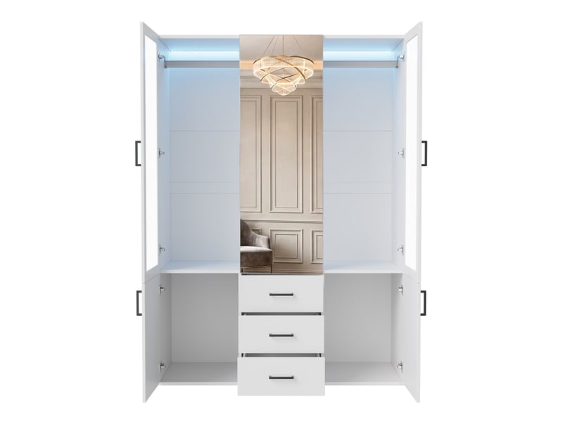  Armoire dressing avec miroir 130x52x182 cm, 2 portes en verre transparent et éclairage led intégré, 2 tringles pour vêtements, 3 tiroirs centraux sur rails, 2 portes inférieures, meuble de rangement pour chambre à coucher, garde…  - Conforama R