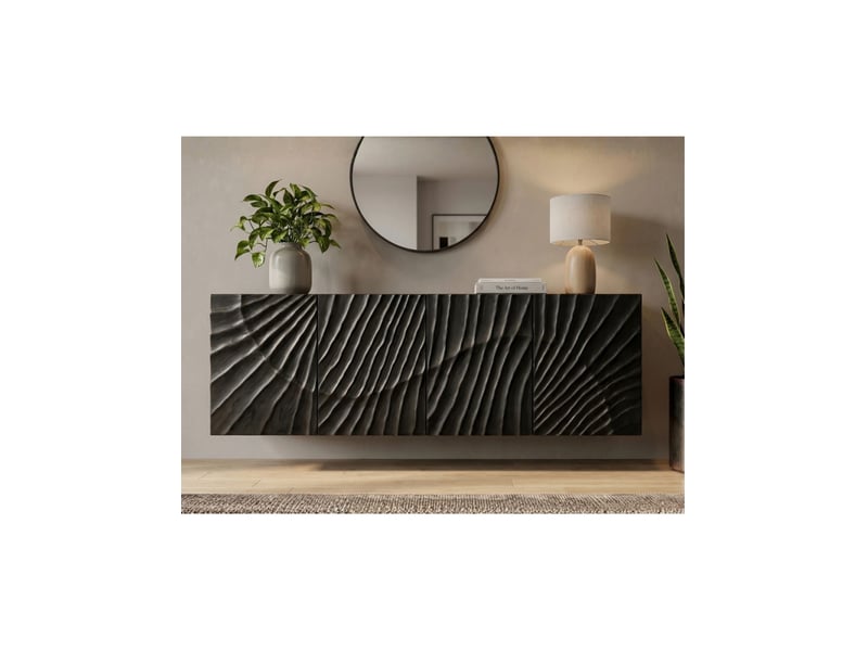 Buffet silva 177 cm en bois massif de manguier noir – 4 portes sculptées et façades en relief - Conforama B