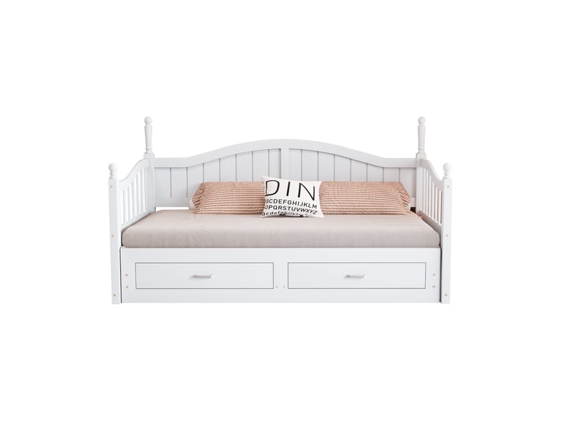  Canapé-lit extensible en bois massif blanc – colonnes décoratives et tiroirs intégrés – 90x180 cm  - Conforama A