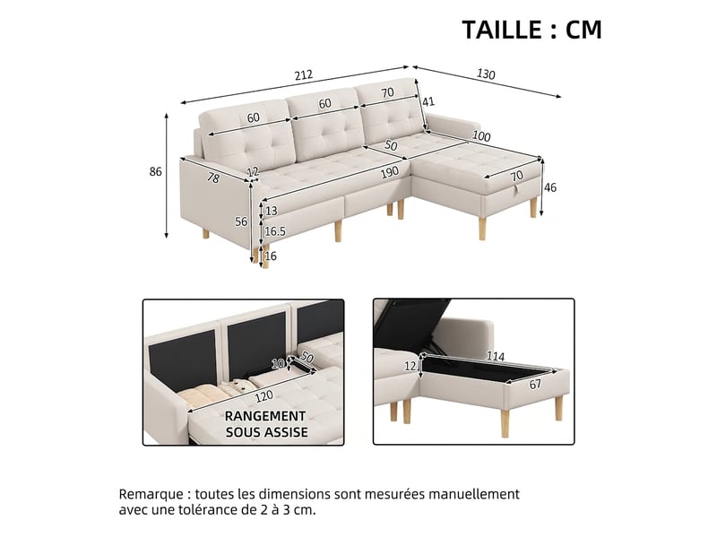  Canapé d'angle beige 3 places avec rangement 212x130cm - méridienne réversible tissu  - Conforama C