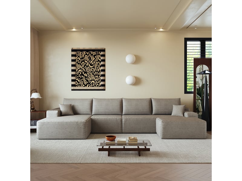  Canapé d’angle modulable 340 x 175 x 83 cm 4 places avec pouf, méridienne en l, assise profonde, sans montage, canapé compressé, chameau Bliss Lite - Conforama D