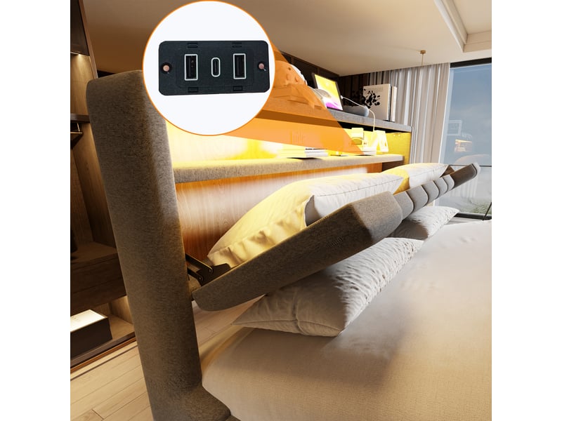  Lit coffre rembourré à vérin hydraulique 180×200 cm avec tête de lit de rangement, bande lumineuse led et ports de charge usb, revêtement en lin, adapté aux chambres et appartements, gris  - Conforama R