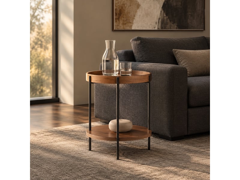  Bout de canapé rond 2 niveaux 44x44x48 cm mdf et métal finition noyer  - Conforama D