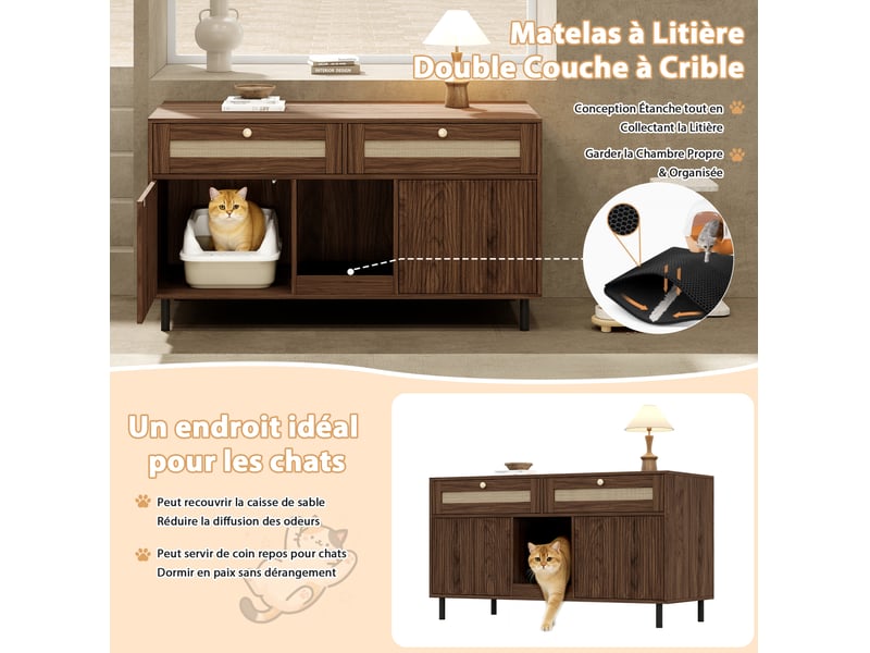  Meuble de rangement 2 portes 120x50x65 cm, buffet avec 2 tiroirs, plateau amovible, grand rangement moderne, mdf noyer  - Conforama E