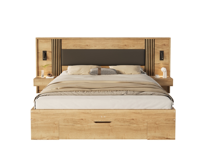  Lit double 180×200 cm avec rangement, lampe de lecture, 2 chevets, tiroirs, matelas inclus en mdf naturel  - Conforama A