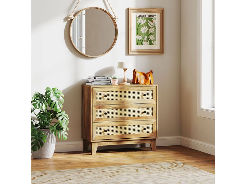  Commode 3 tiroirs meuble de rangement cannage en rotin 80 x 35 x 76 cm aspect bois clair  - Conforama D