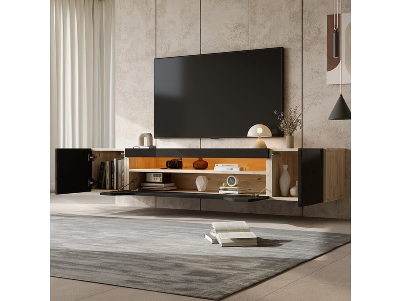  Meuble tv suspendu 180 cm noir et bois pour tv 75 pouces avec led  - Conforama D