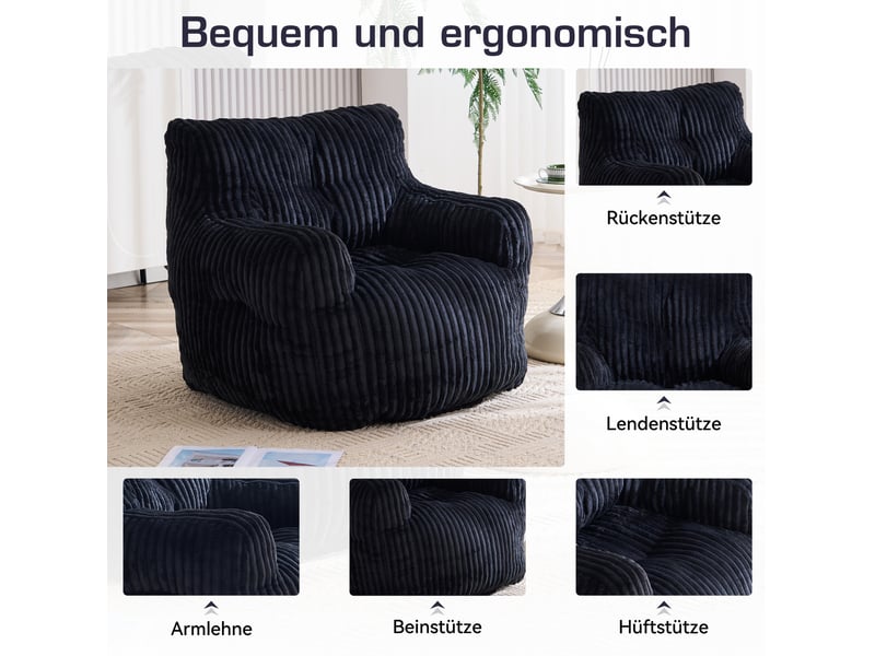  Fauteuil sac 010 fixe noir en velours côtelé, rembourré de flocons de mousse à mémoire de forme, 100 × 94 × 70 cm  - Conforama D
