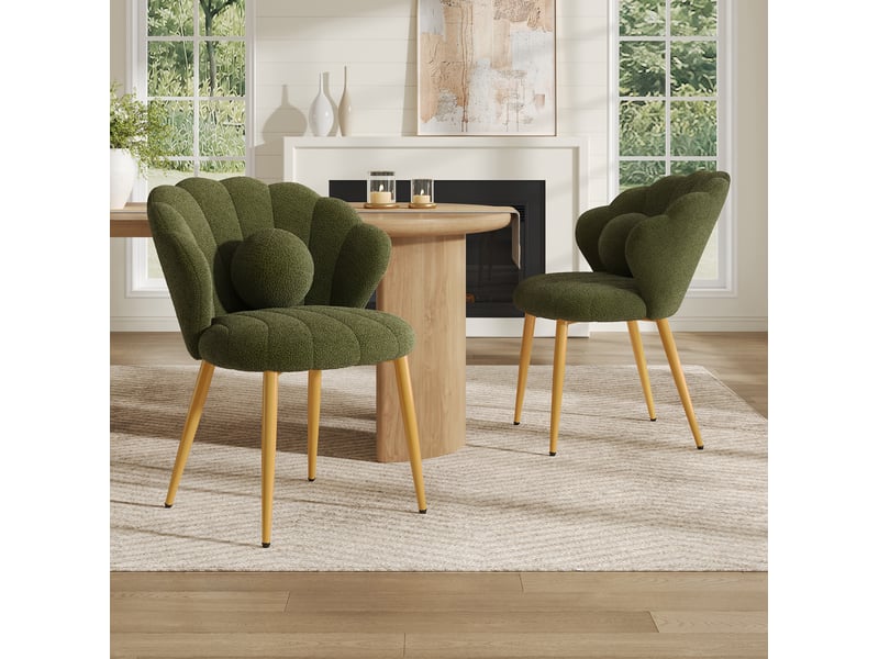  Chaises de salle à manger lot de 2 avec dossier coquillage et coussins ronds, pieds en métal doré, tissu bouclette vert  - Conforama B