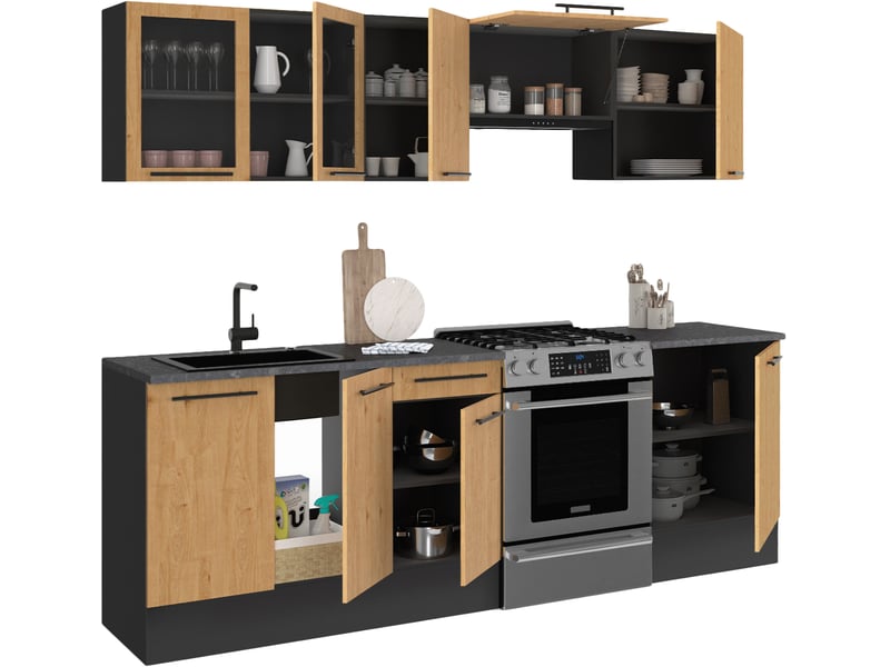 Cuisine complète 240 cm subtil avec vitrine + plan de travail 7 éléments noir et façon hêtre  - Conforama D