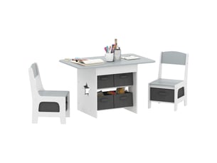 Ensemble table et chaises pour enfants de 3 à 8 ans, avec 6 tiroirs et bords arrondis, en bois et tissu, gris et blanc.