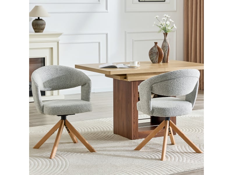  Lot de 2 chaises pivotantes rétro-luxe gris clair, tissu structuré, pieds bois massif, 81,5 cm, 360°, silencieuses  - Conforama B